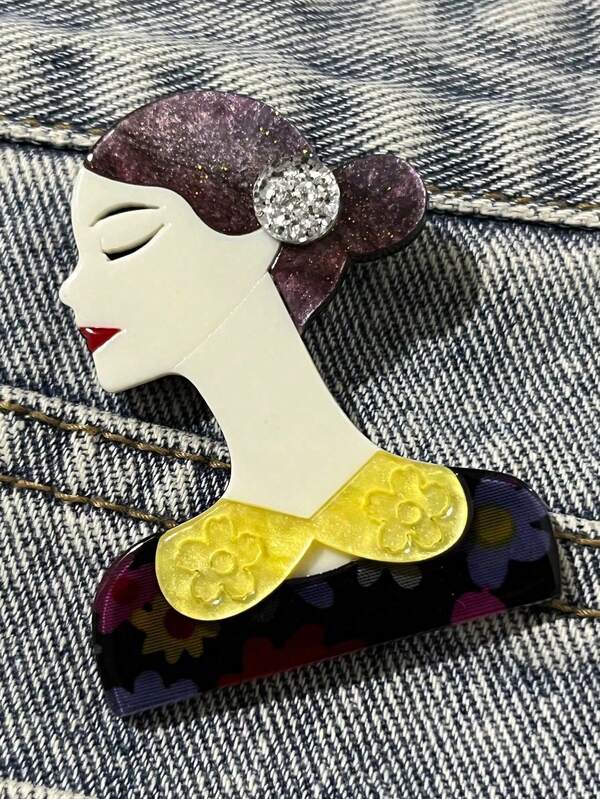 1pc Bohemian Style Acrylic Brooch, Handmade Elegant Lady Brooch With Cartoon Character Wearing Hat And Sunglasses, Creative Birthday Gift For Friends