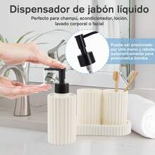 Dispensador Jabón Líquido Set, 1*300ml Dispensador + 2 Vaso para Cepillo de Dientes + Plato, Material de Plástico con Bomba Negra, Ideal para Cocina, Baño, Shampoo, Lotion, Blanco - Blanco - Ver 3