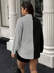 Plus Size Summer Colorblock Striped Metal Button V-Neck Casual Elegant Blouse For Women, Suitable For Daily, Outing, Commuting - Multicolor - View 4