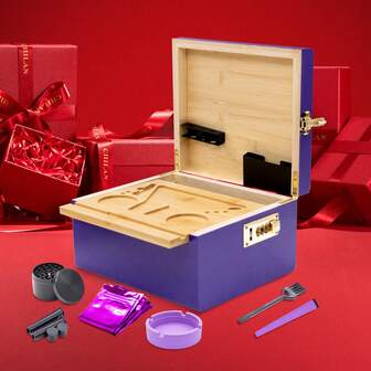 4件套优雅实木收纳盒套装，包含托盘、3位密码锁盒、烟灰缸、刷子、50毫米研磨器、防臭袋、漏斗，有黑色、棕色、紫色、粉色可选，实用吸烟配件，节日礼物，圣诞节礼物，万圣节礼物