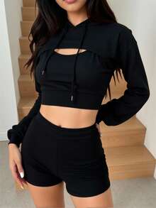 Sudadera corta para mujer, chaqueta deportiva con capucha y cordón, adecuada para combinar con sujetadores deportivos, ideal para actividades al aire libre, correr, yoga, tenis, bádminton - Negro - Ver 7