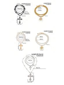 2pcs/Set Fashion Hiphop Style Asymmetrical Layered Faux Pearl & Metal Cross Pendant Necklace Set, Vintage Gothic Style Beaded Necklace For Men