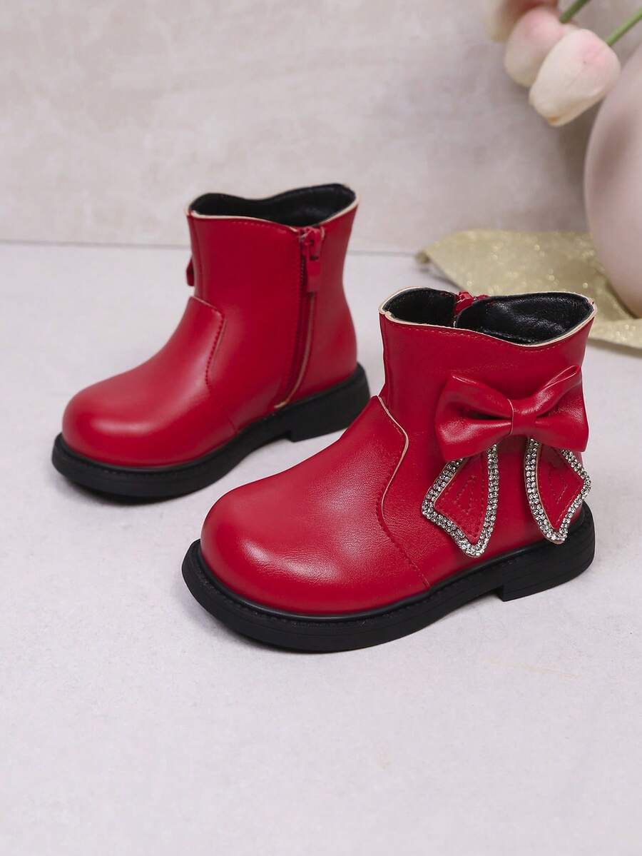 New Girls' Bowknot Rhinestone Soft Comfortable Round Toe Sweet Fashion Flat Ankle Boots Suitable For Autumn/Winter - Red - View 1