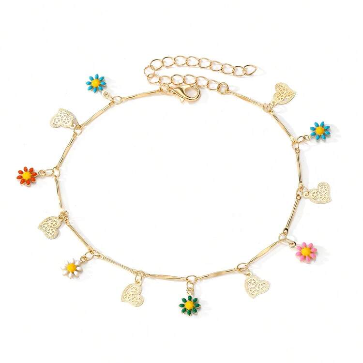 1Pc Fashionable Daisy Flower Heart Pendant Bracelet Valentines,Mom,Mother,Mother's Day,Gift - Multicolor - View 7