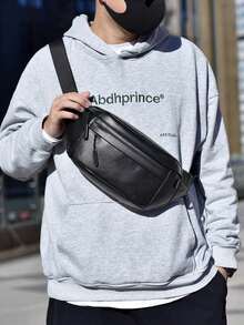 男士纯色斜挎包，多功能胸包，适合日常通勤和街头穿搭 - 黑色 - 查看 1