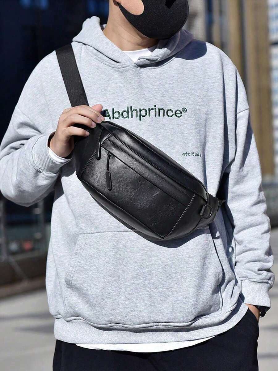 男士纯色斜挎包，多功能胸包，适合日常通勤和街头穿搭 - 黑色 - 查看 1