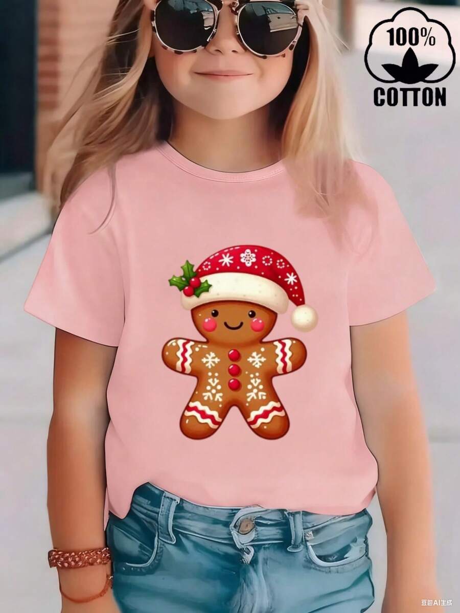 Esta nueva y moderna camiseta de manga corta 100 % algodón para niña luce un estampado navideño. Esta camiseta holgada, informal y versátil está confeccionada con un tejido suave y agradable para la piel de tu bebé. Ya sea para una reunión familiar, un evento escolar o una salida para jugar al aire libre, esta camiseta permite que tu hija se mueva con libertad y comodidad. - Rosa - Ver 1