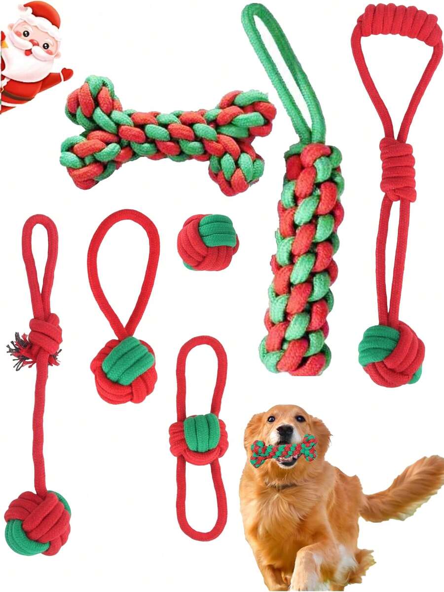 Christmas Dog Toys, Durable Rope Toys 7-Piece Set, Teething Cleaners For Puppies, Small, Medium, And Large Dogs.Durable Dog Chew Toys Are Made Of High Quality Cotton Rope, Tightly Woven Twine Makes Them Hard Wearing And Bite Resistant. - Multicolor - View 1