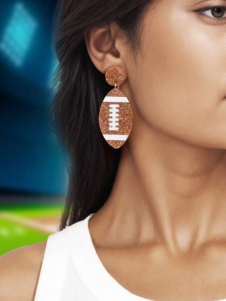 1对运动风棕色橄榄球设计亚克力吊坠耳环，适合派对、日常、学校佩戴 - 彩色 - 查看 1