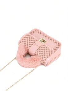 1pc Girls Vintage Print Plush Handbag, Cute Metal Chain Crossbody Bag, Casual Date Phone Pouch, Ideal Gift - Pink - View 5