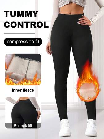 1 pieza Leggings térmicos de cintura alta para mujer - Pantalones térmicos gruesos y elásticos, aptos para uso al aire libre, tela de unicolor opaco que alarga las líneas de las piernas, gruesos y cálidos, forro suave, material elástico, opción ideal para entusiastas del clima frío, Invierno