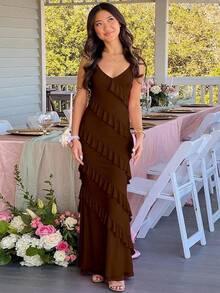 Women's Backless Bodycon Spaghetti Strap Elegant Ruffle Maxi Cocktail Party Dresses, 2025 QMO3 - Coffee - View 2