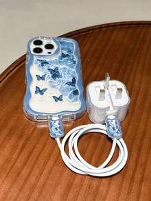 Ocean Element Blue Wave Ripple Pattern Blue Butterfly Design Battery Charger Cases 4pcs Set (1pc Wave Pattern Phone Case + 1pc Wave Pattern UK Plug Charger Protector + 2pcs Wave Pattern Data Cable Protectors) UV Painted Compatible With IPhone 17/17 Pro/17 Pro Max/Air/16/16 Pro/16 Pro Max/16 Plus/7/8/7P/8P/X/XS/XR/XS Max/11/11 Pro/11 Pro Max/12/12 Pro/12 Pro Max/12 Mini/13/13 Pro/13 Pro Max/14/14 Pro/14 Plus/14 Pro Max/15/15 Pro/15 Plus/15 Pro Max Spring Easter Birthday Gift - Multicolor - View 3