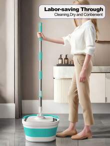 Flat Floor Mop And Bucket Set, Foldable Spin Mop For Floor Cleaning & Square-Head Collapsible Bucket, Bathroom Cleaning Mop, Spin Mop With Adjustable Handle - Wet And Dry Use, Ideal For Hardwood, Tile, And Marble Floors, Household Essentials, Blue, Green - 綠色 - 查看 4