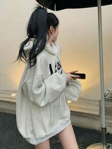 Slogan Pattern Drop Shoulder Oversized Drawstring Hoodie,Three Quarter Sleeve Tops - Light Grey - View 1