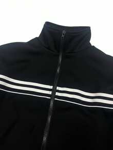 Men's Spring/Autumn Stand Collar Zipper Fashion Casual Piping Two-Stripe Loose Jacket Coat - Black - View 5