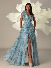 VIPGIRL Long Blue Printed Mesh Elegant Women's Evening Gown - Blue - View 5