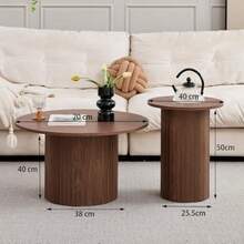 Set di 2 tavolini da caffè rotondi impilabili in stile tamburo per soggiorno, camera da letto, balcone, ufficio, stile moderno di metà secolo, con venature del legno marrone
