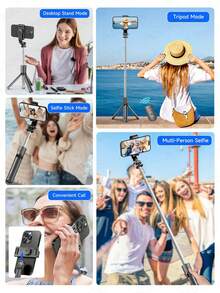 TOKQI 自拍杆三脚架，带可选补光灯，便携式和伸缩式，可伸缩自拍杆三脚架，带无线遥控器和三脚架支架，轻巧紧凑，兼容各种设备型号。