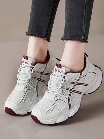 New Women Chunky Sneakers Outdoor Casual Sports Shoes Red Road Running Shoes Walking Shoes Mesh & Leather Patchwork Round Toe Lace-Up Platform Thick Sole Hiking Shoes College Style Student Shoes