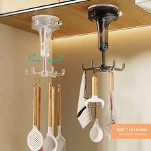 1个耐用厨房刀具挂钩，自粘塑料旋转壁挂式，带6个挂钩，适用于家庭厨房、浴室和办公室配件、卫生间配件、毛巾悬挂、多功能挂钩 - 彩色 - 查看 2