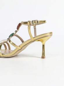 Women's Fashion Elegant Colorful Gemstone Decor Stiletto Heel Roman Sandals, Suitable For Travel, Party, Ball,Spring Summer Outfits - Gold - View 7