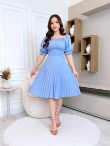 Pleated Midi Dress With Elastex Waist - 淺藍色 - 查看 4