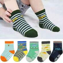 ELUTONG Toddler Socks, Dinosaur, Car Pattern Mid-Calf Socks, Indoor And Outdoor Anti-Slip Socks, Suitable For Boys And Girls Aged 1-3/3-5/5-7 ,12 Pairs - #1 火箭和恐龍(12 對) - 查看 3