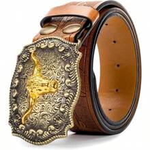 Western Cowboy-Belts For Men Big-Buckle Longhorn-Bull PU-Leather Rodeo Cowgirl-Belt Engraved Floral - Waist 25-38" - Browncarvedbull - 查看 2
