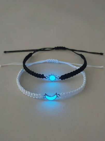 ATLVXJL 2pcs/Set Glow-In-The-Dark Friendship/Couple Stainless Steel Moon & Sun V-Shape Handmade Braided Rope Bracelet Set, Suitable For Daily Wear And Holiday Gift