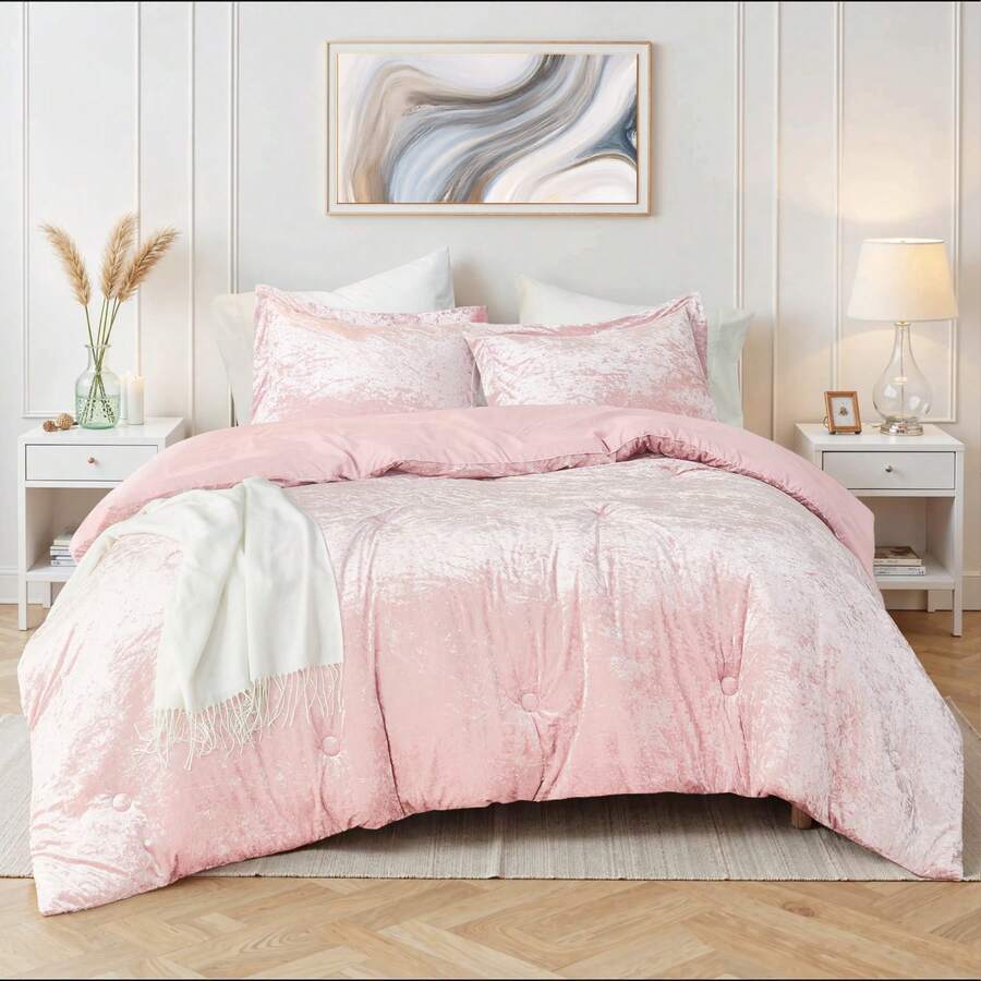 Fluffy Cozy 2/3 Pieces Juliette Bedding Comforter Set,Breathable Plush Silky Vibe All-Season Home Textile For Twin/Twin XL-Full/Queen-King/Cal King Size, UGG & Labubu Touch,Luxury Lightweight Design For Christmas Halloween Thanks Giving Gifts - 蓮花粉紅 - 查看 1