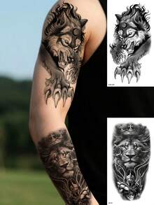 8 قطع وشم مؤقت واقعي لأسد وفهد وذئب، مناسب للبالغين، يمكن تغطية الندوب، مناسب للحفلات والسفر، يبدو أصيلًا وطويل الأمد - الأسود - مشاهدة 7