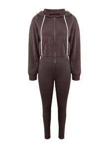 LovelyWholesale Bộ đồ nữ thường ngày gồm áo dài tay có mũ, dây rút, khóa kéo và quần dài ôm dáng, thích hợp cho mùa xuân. - Cà phê nâu - Xem 3