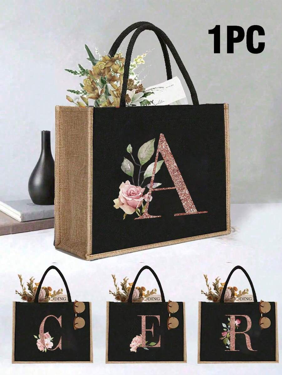 26字母印花手提袋，多功能便携印花手提袋，大容量耐用轻便手提袋，亚麻花卉图案字母印花手提袋 - 彩色 - 查看 1