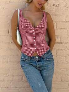 Women's Summer Casual Sleeveless Thick Strap Button Plaid Tank Top - Women Vacation Outfits, Summer Tops - Red - View 1