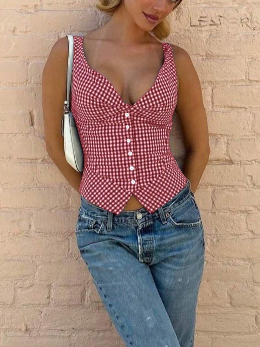 Women's Summer Casual Sleeveless Thick Strap Button Plaid Tank Top - Women Vacation Outfits, Summer Tops - Red - View 1