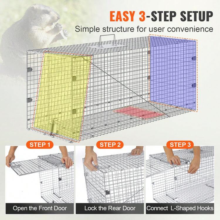 Live Animal Cage Trap, 42" X 16" X 18" Humane Cat Trap Galvanized Iron, Folding Animal Trap With Handle For Stray Dogs, Armadillos, Raccoons, Marmots, Foxes - Silver - View 5