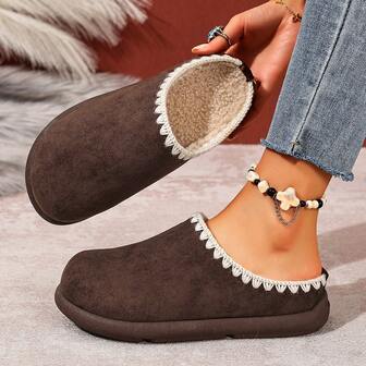 2025 New Women's Casual Outdoor Slippers, Solid Color Retro Fuzzy Lining, Home Wear For Autumn & Winter