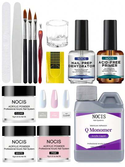 NOCIS Acrylic Powder Professional Acrylic Nail Kit With Monomer Liquid, Dehydrator & Acid-Free Primer,Nail Brush, Nail Forms, Dappen Dish, DIY Nail Art Beauty Nail Art Valentine's Day/Christmas Gift For Women Nails