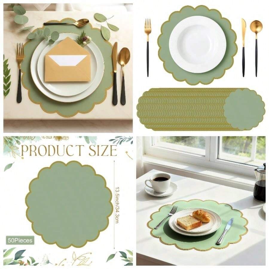 50 Pcs Sage Green Paper Placemats, 13.5 Inch Disposable Scalloped Placemat, Decorative Round Table Place Mats Birthday, Wedding, Bridal Shower, Shower, Tea Party, Dining Tableware - Sage Green - 查看 1