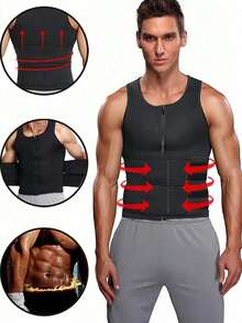 1 pieza Chaleco entrenador de cintura con cremallera de neopreno para hombres, top de tanque de sauna con forma negra, chaleco moldeador para hombres, top de tanque de fitness transpirable con doble cinturón de cintura
