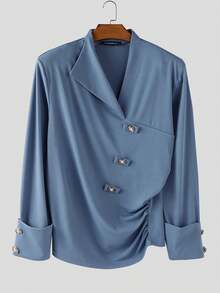 INCERUN Fashion Mens V-Neck Buttons Long Sleeve Pleated Party Casual Loose Blouse Office Work Solid Shirt Tops - 藍色 - 查看 5