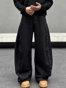 Men's Vintage Loose Wide-Leg Jeans, Pioneering Casual Streetwear - Fashionable Loose-Fit Overall - Black - View 3