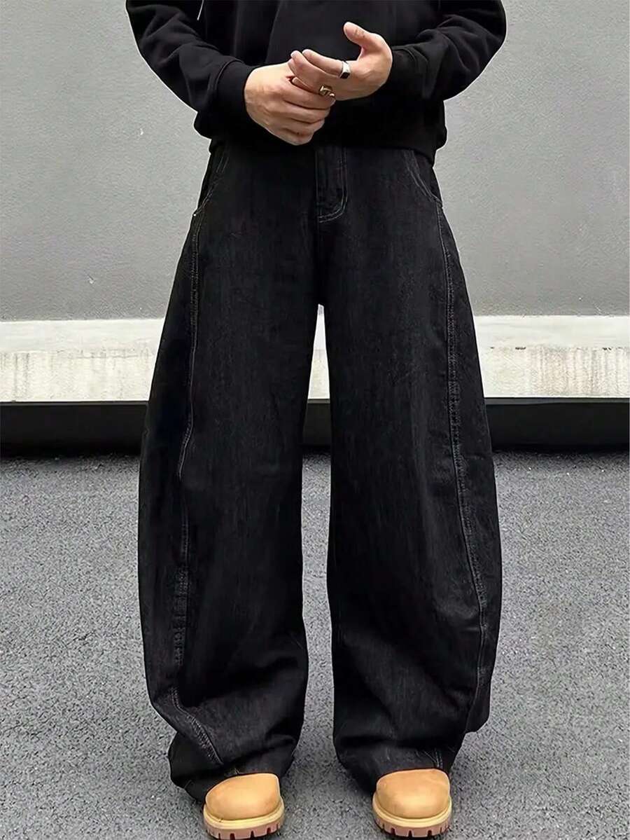 男士复古宽松阔腿牛仔裤,先锋休闲街头服饰 - 时尚宽松工装裤 - 黑色 - 查看 1