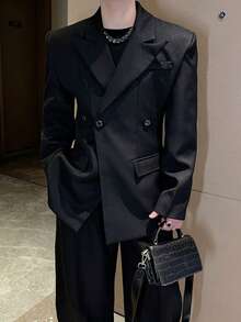 High-End French Waist-Cinching Three-Dimensional Silhouette Black Padded Shoulder Suit Jacket For Men, Autumn Fashion Casual Suit - 黑色 - 查看 3