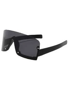 1pc Large Frame Studded Solid Shield Wrap Around Rimless Y2K Christmas Party Rock Street Chic Stylish Fashion Glasses, Fashionable Accessory For Autumn/Winter - Multicolor - View 3