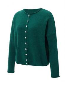 Women's Spring Sweater Cardigan Long Sleeve O Neck Button Up Solid Color Knitwear - Dark Green - View 3