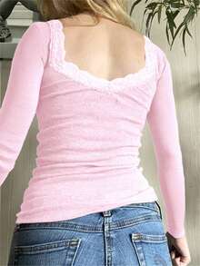 GAOVOT 女士 T 恤 Y2K 春夏性感休闲纯色蕾丝方领针织长袖上衣 - 淺粉色 - 查看 5