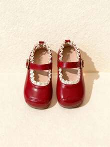 3-12岁女童酒红色蕾丝边PU皮防滑魔术贴低帮平底鞋，甜美复古洛丽塔风格，适合日常休闲、学校派对、新年庆典等场合，畅销款 - 酒紅色 - 查看 3
