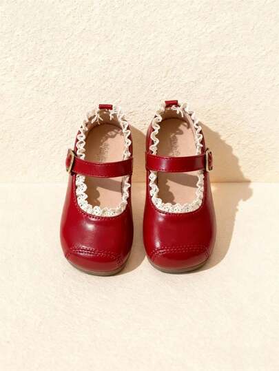 Neujahrsgeschenk 1 Paar für 3-12 Jahre alte Mädchen, weinrote Spitzenborte, PU-Leder rutschfest, Klettverschluss flache Sohle, süßer Retro-Lolita-Stil Lederschuhe, für den täglichen Lässig-Gebrauch, Schule, Partys, Neujahrsfeste, Bestseller